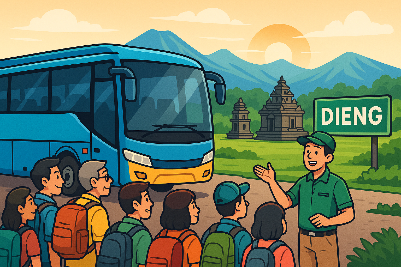 Paket wisata murah ke Dieng, bus rombongan, sunrise, dan candi